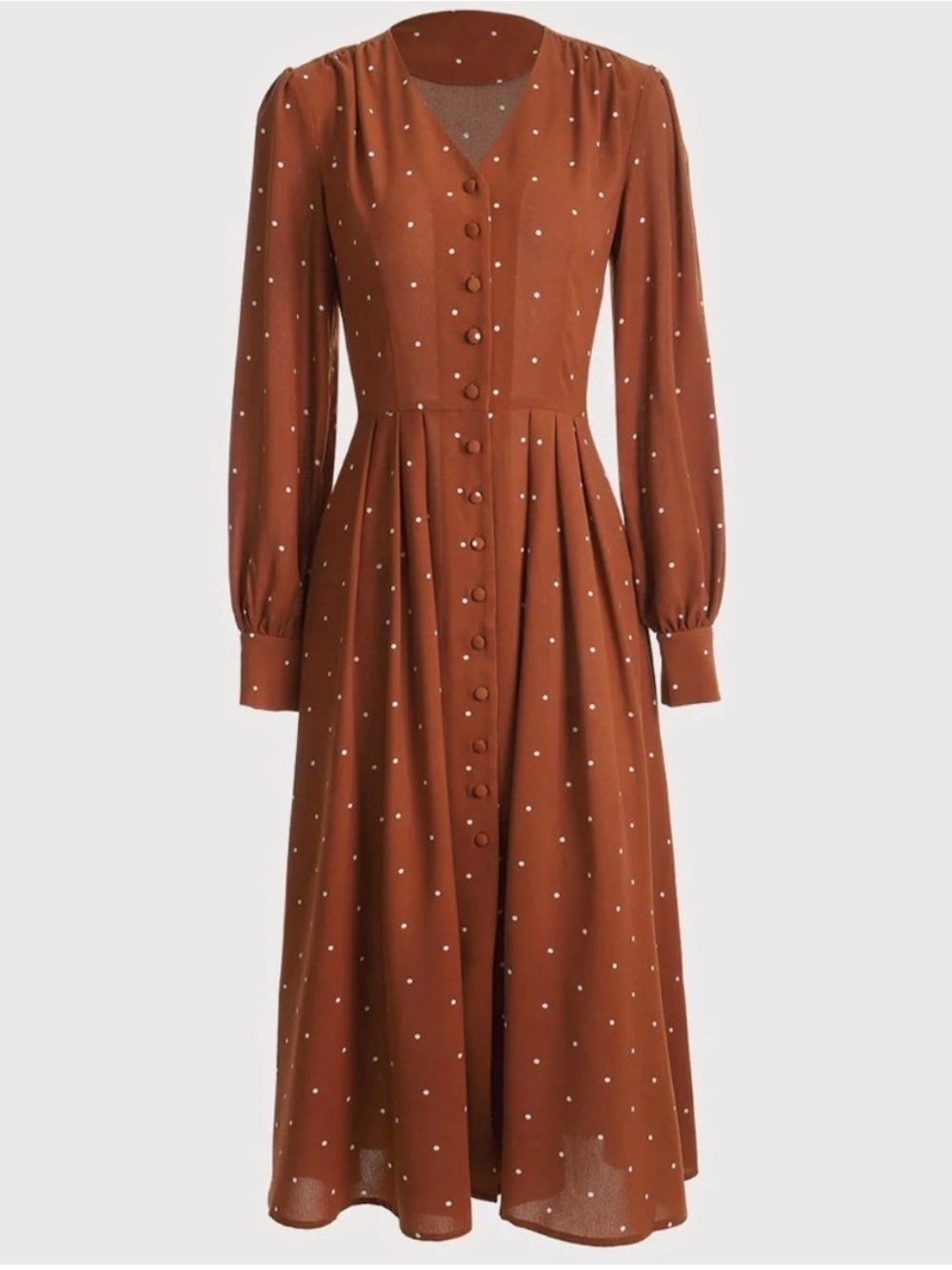 RIHOAS Rust Polka Dot Long Sleeve Button-Front Midi Dress